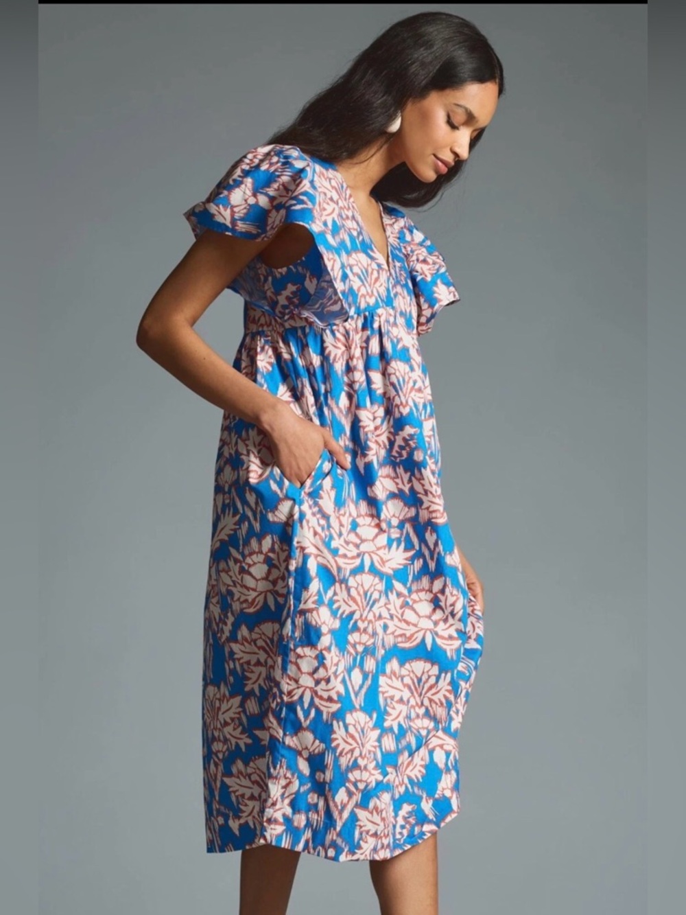 Anthropologie Maeve Blue Printed Flutter-Sleeve Babydoll Dress, Floral, Large